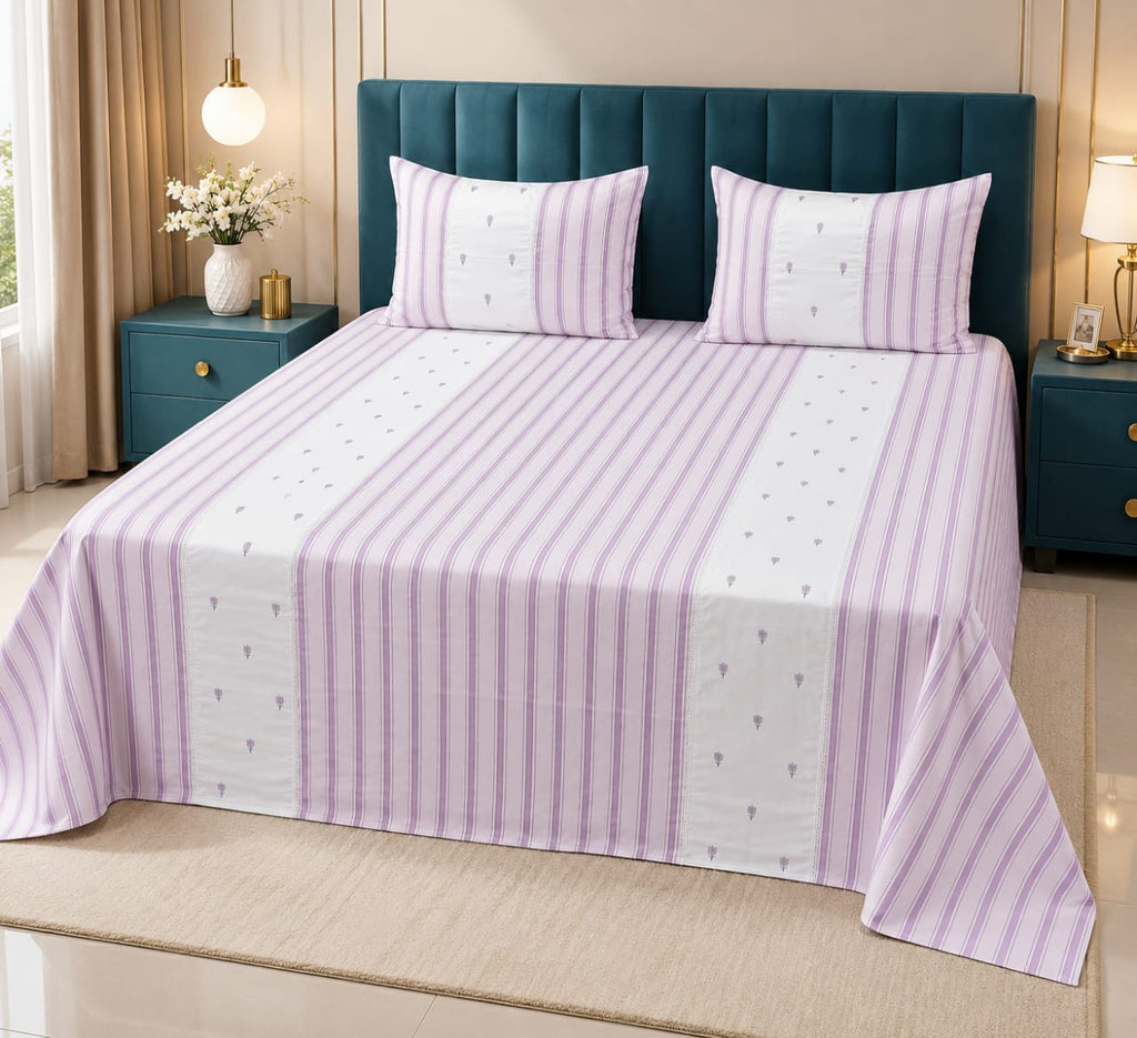Skyla White & Pink Floral Embroidered & Striped King Size Pure Cotton Bedsheet Set