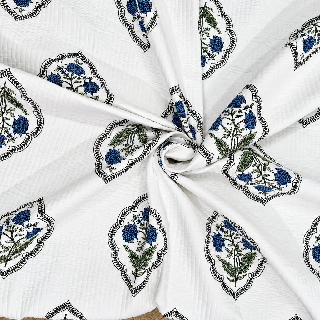 Nilaya Floral Premium Pure Cotton White & Blue Printed Bedcover
