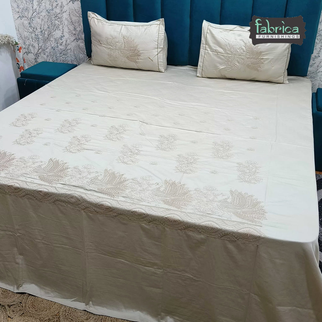 Roselyn Premium Pure Cotton Super King-Size Peacock Floral Embroidered Bedsheet