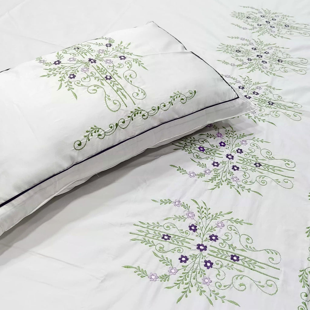 Shahi Karigari Pure Cotton King-Size White & Green Floral Embroidered Bedsheet