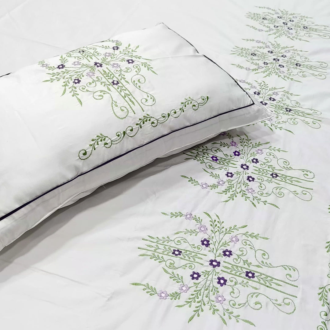 Shahi Karigari Pure Cotton King-Size White & Green Floral Embroidered Bedsheet