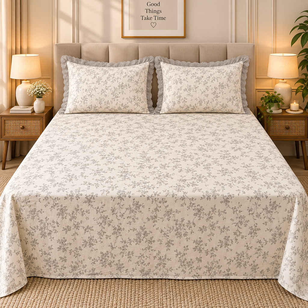 Secret Garden Ivory & Grey Floral Printed King Size Imported Fabric Bedsheet Set