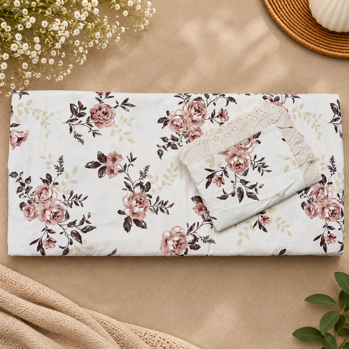 Secret Garden Ivory, Pink & Lavender Floral Printed King Size Imported Fabric Bedsheet Set