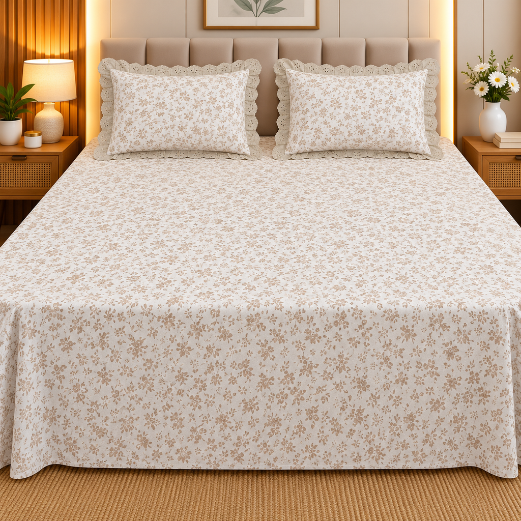 Secret Garden Ivory & Beige Floral Printed King Size Imported Fabric Bedsheet Set