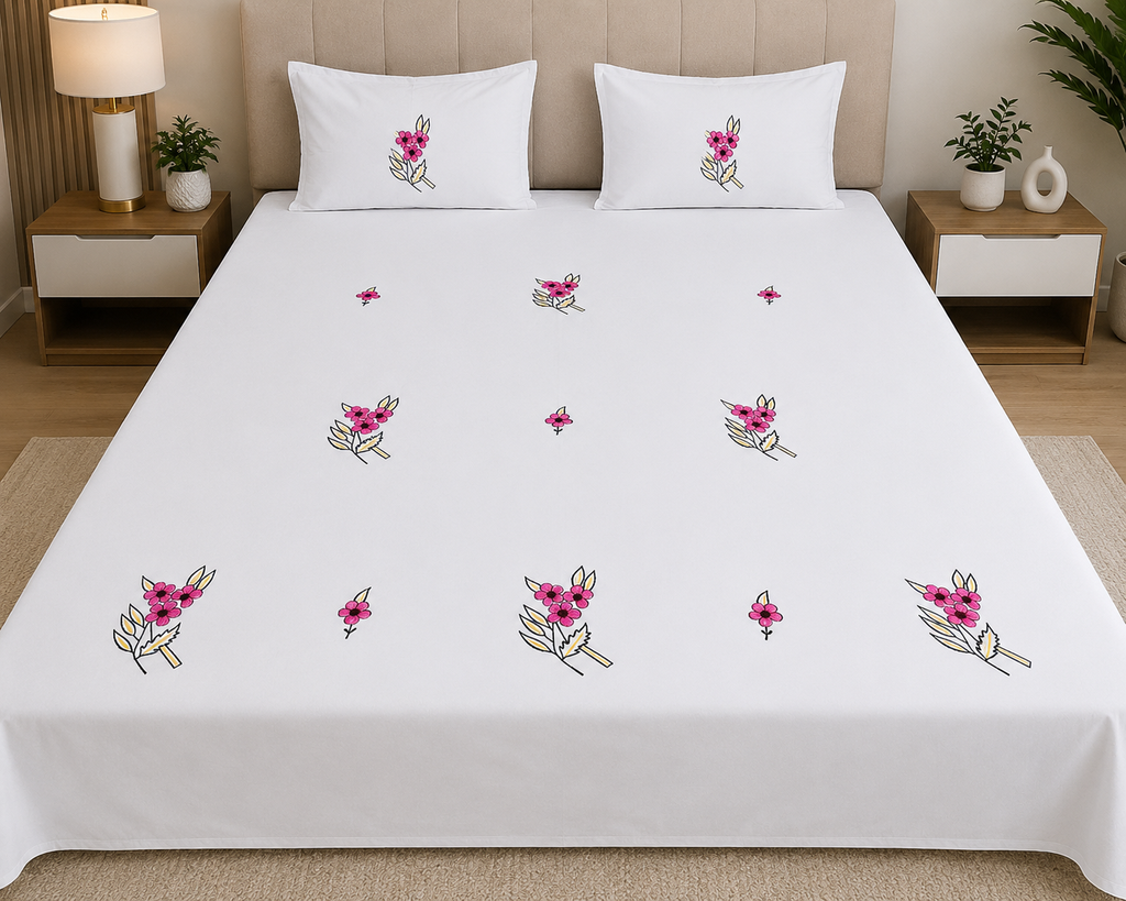 Fabby Decor Premium Pure Cotton King-Size Floral Embroidered Designer Bedsheet