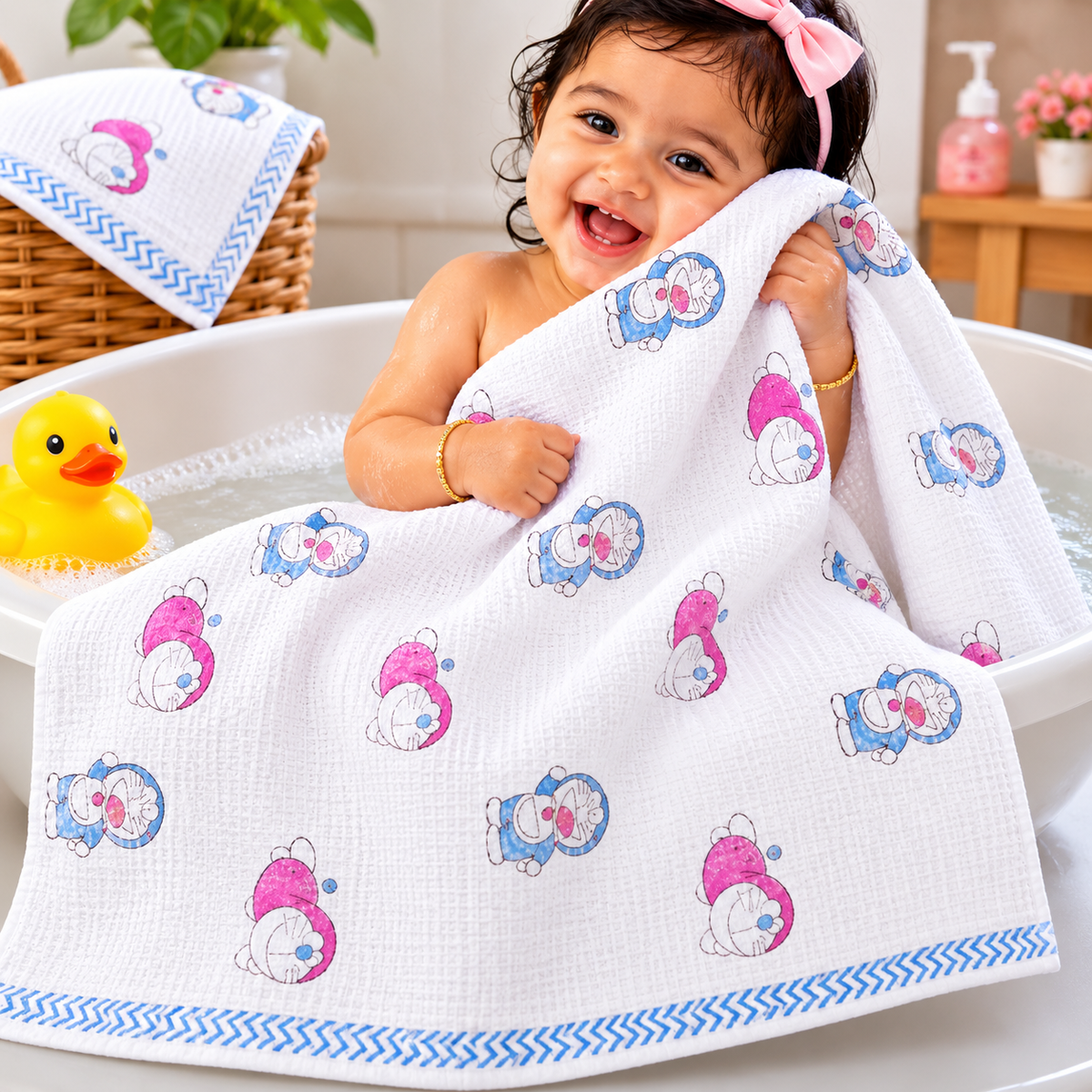 Kids Zone Waffle Printed Pure Cotton Bath & Hand Towels