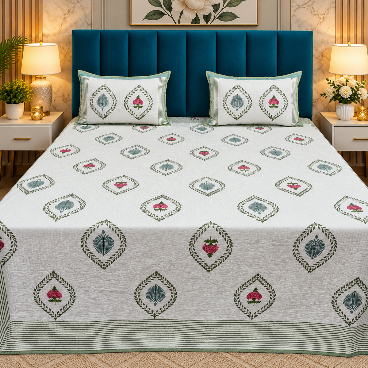 Nilaya Floral Premium Pure Cotton White & Green Printed Bedcover
