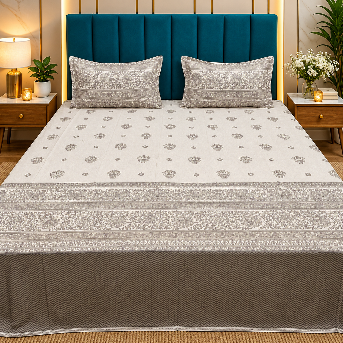 Artistry of India Premium Slate Blue & Ivory Floral Printed Pure Cotton King Size Bedsheet Set