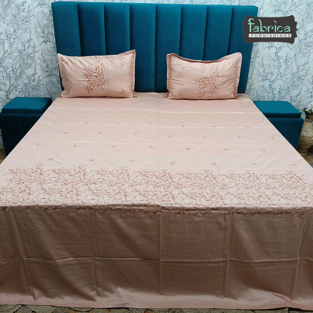 Aurelia Premium Pure Cotton Super King-Size Blush Floral Embroidered Bedsheet