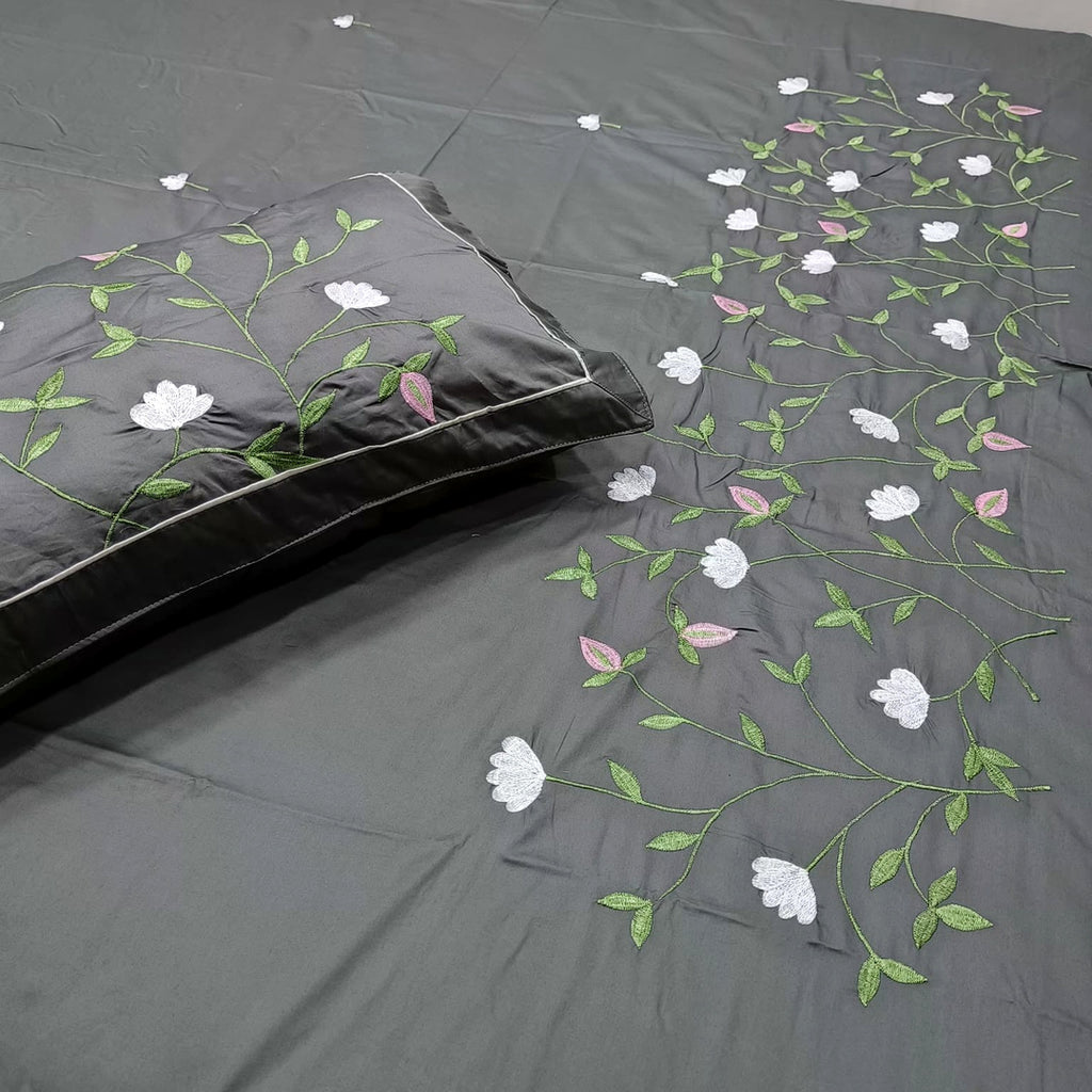 Shahi Karigari Pure Cotton King-Size Grey Floral Embroidered Bedsheet