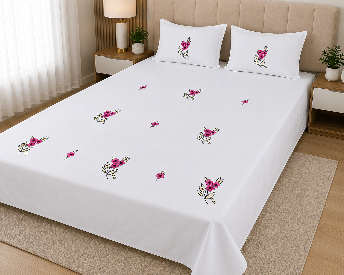 Fabby Decor Premium Pure Cotton King-Size Floral Embroidered Designer Bedsheet