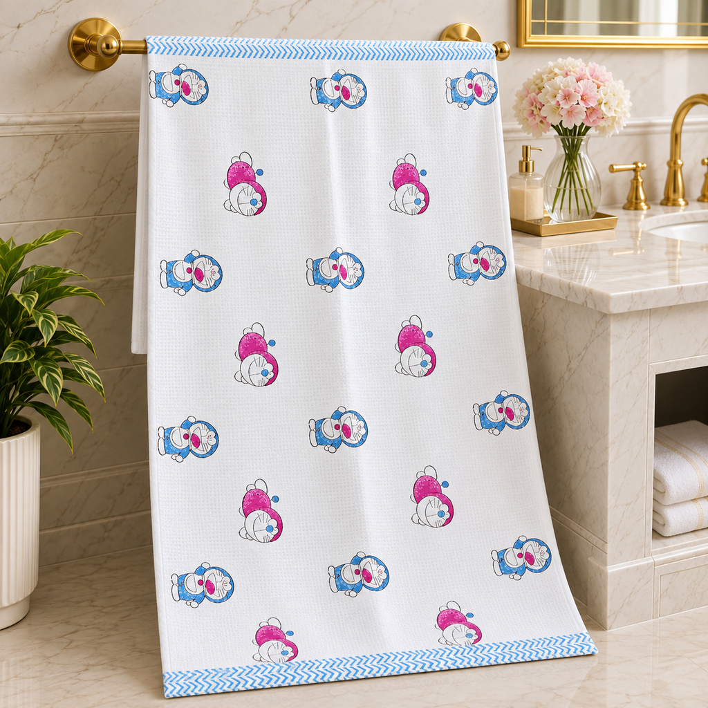 Kids Zone Waffle Printed Pure Cotton Bath & Hand Towels