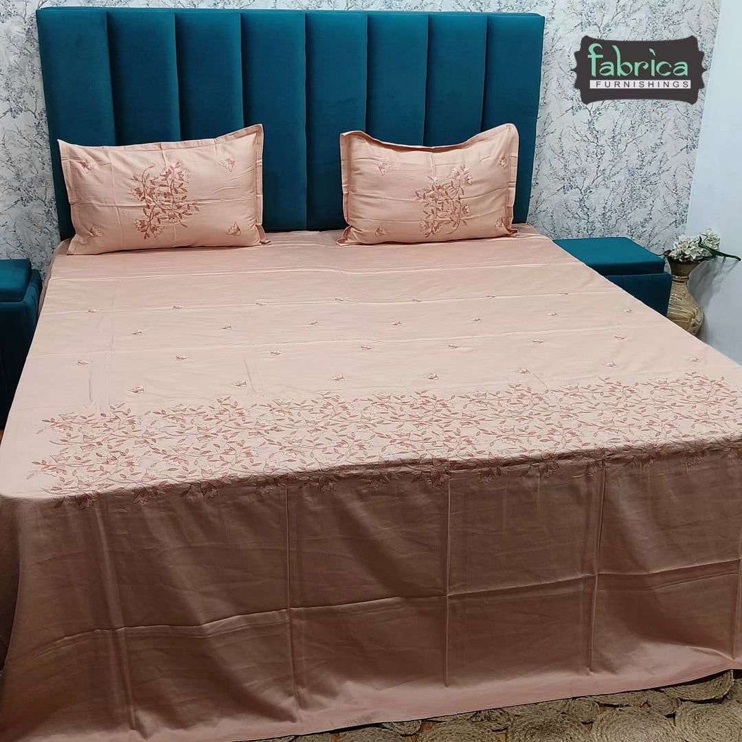 Aurelia Premium Pure Cotton Super King-Size Blush Floral Embroidered Bedsheet