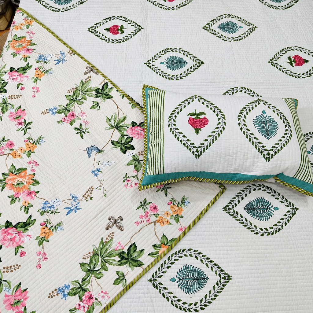 Nilaya Floral Premium Pure Cotton White & Green Printed Bedcover