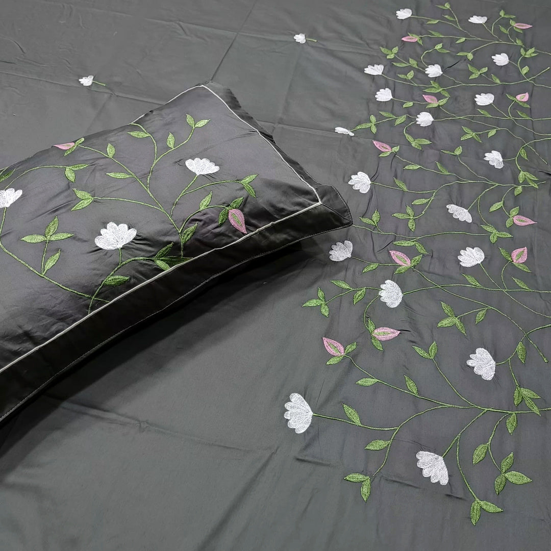 Shahi Karigari Pure Cotton King-Size Grey Floral Embroidered Bedsheet