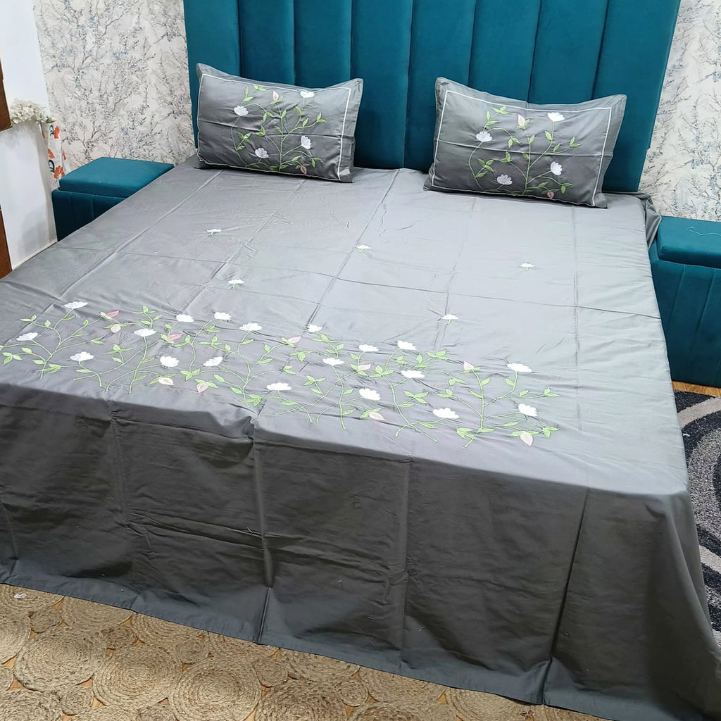 Shahi Karigari Pure Cotton King-Size Grey Floral Embroidered Bedsheet