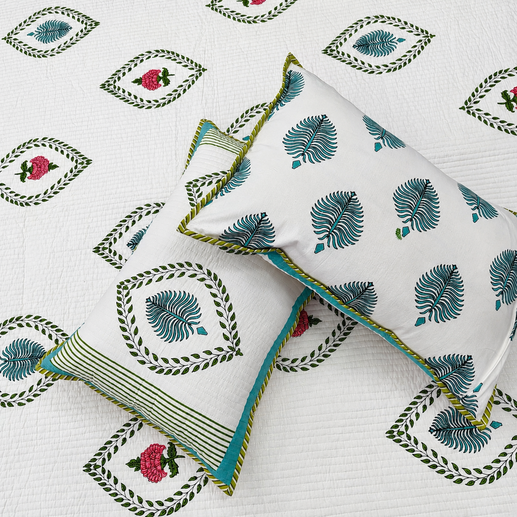 Nilaya Floral Premium Pure Cotton White & Green Printed Bedcover