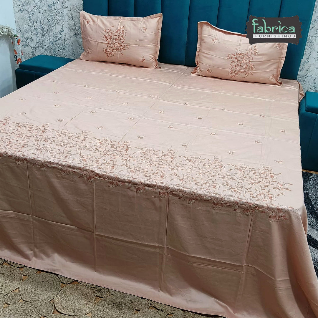 Aurelia Premium Pure Cotton Super King-Size Blush Floral Embroidered Bedsheet