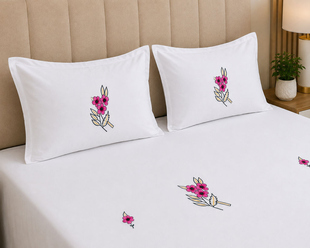 Fabby Decor Premium Pure Cotton King-Size Floral Embroidered Designer Bedsheet