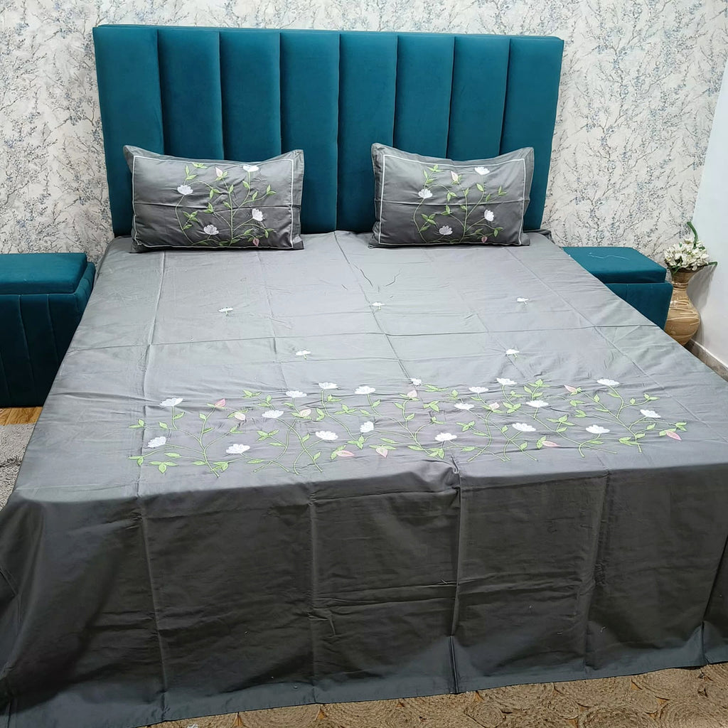 Shahi Karigari Pure Cotton King-Size Grey Floral Embroidered Bedsheet