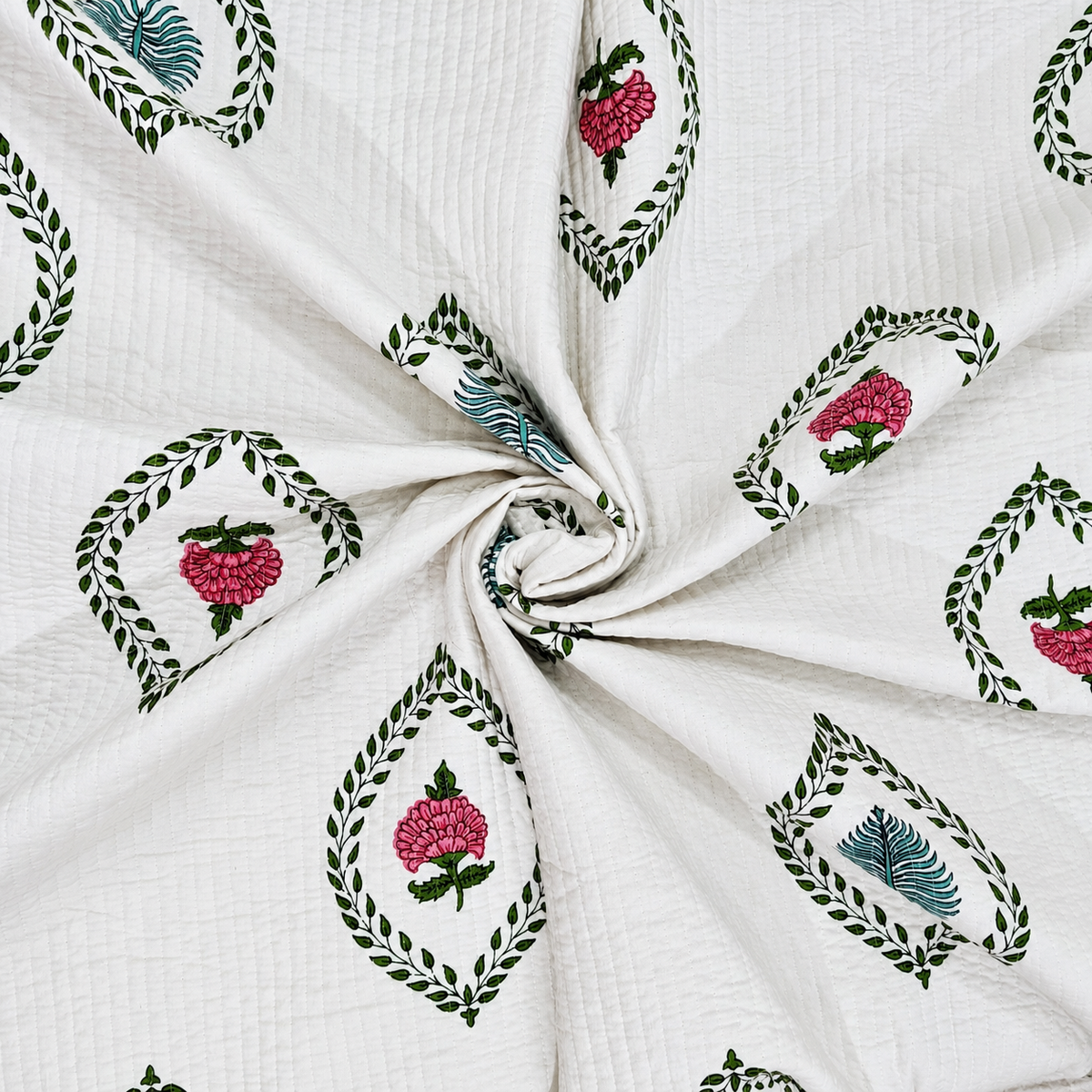 Nilaya Floral Premium Pure Cotton White & Green Printed Bedcover