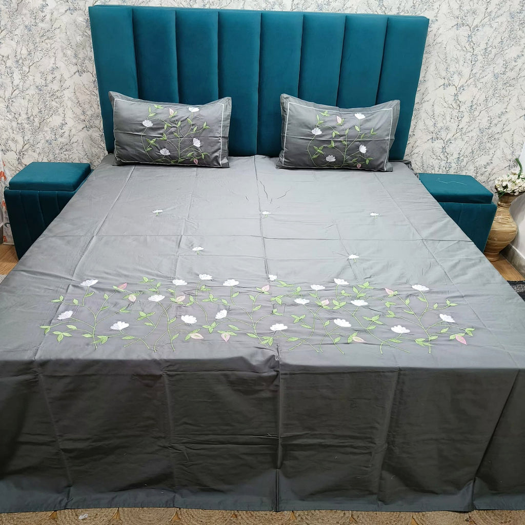 Shahi Karigari Pure Cotton King-Size Grey Floral Embroidered Bedsheet