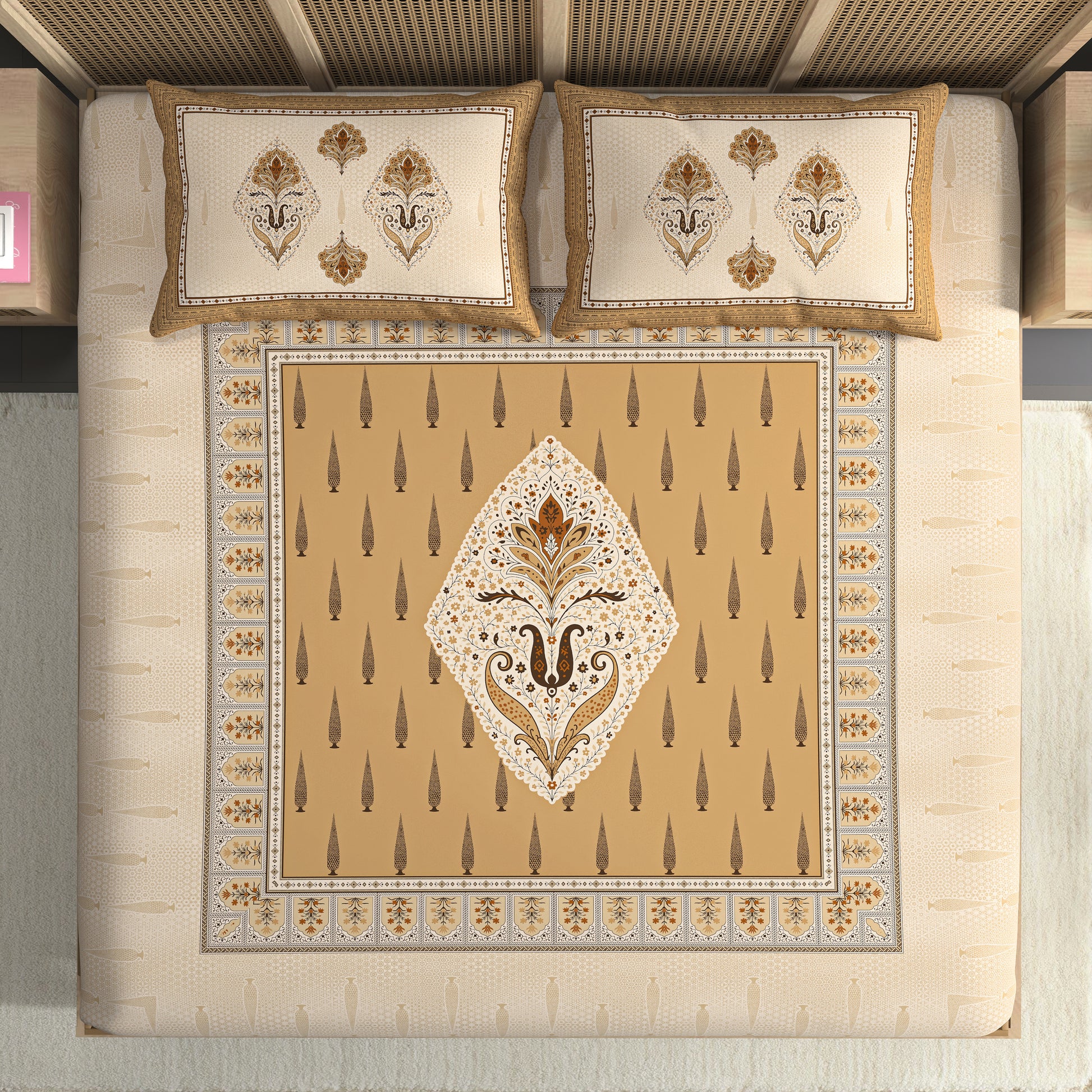 Nayab Golden Beige Heritage Premium Cotton King Size Bedsheet Set