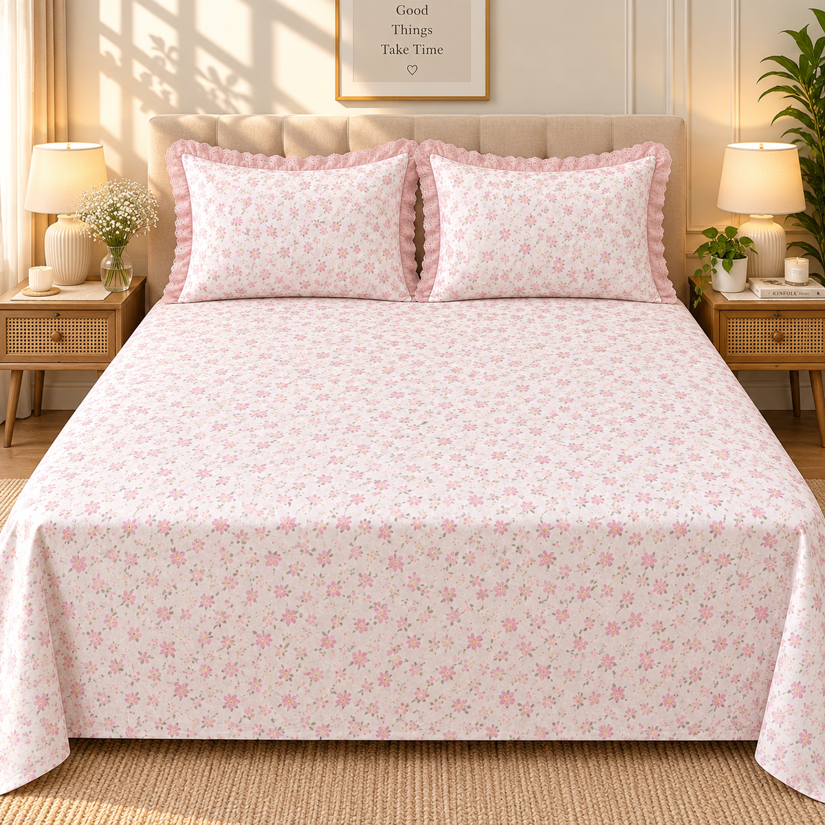 Secret Garden Blush Pink Floral Printed King Size Imported Fabric Bedsheet Set