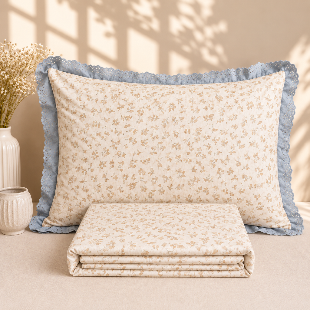 Secret Garden Ivory & Beige Floral Printed King Size Imported Fabric Bedsheet Set