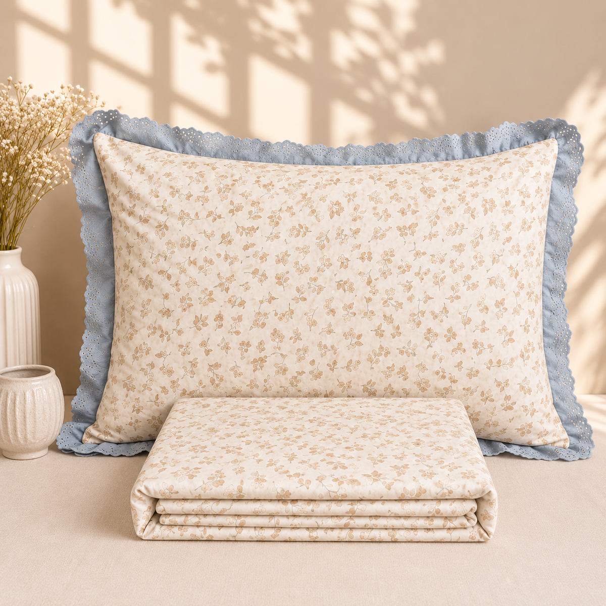 Secret Garden Ivory & Beige Floral Printed King Size Imported Fabric Bedsheet Set