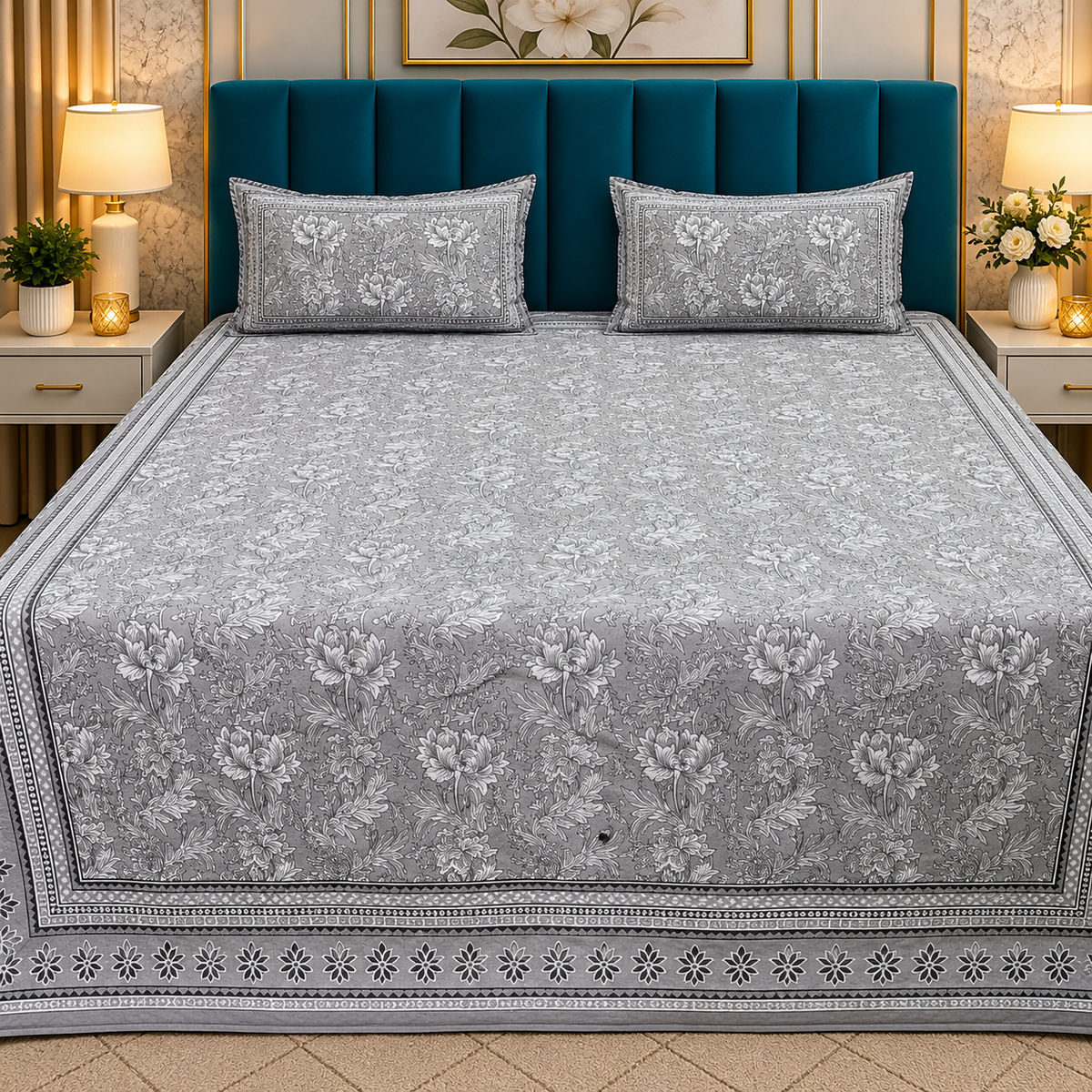 Nilaya Floral Premium Pure Cotton Grey & White Printed Bedcover