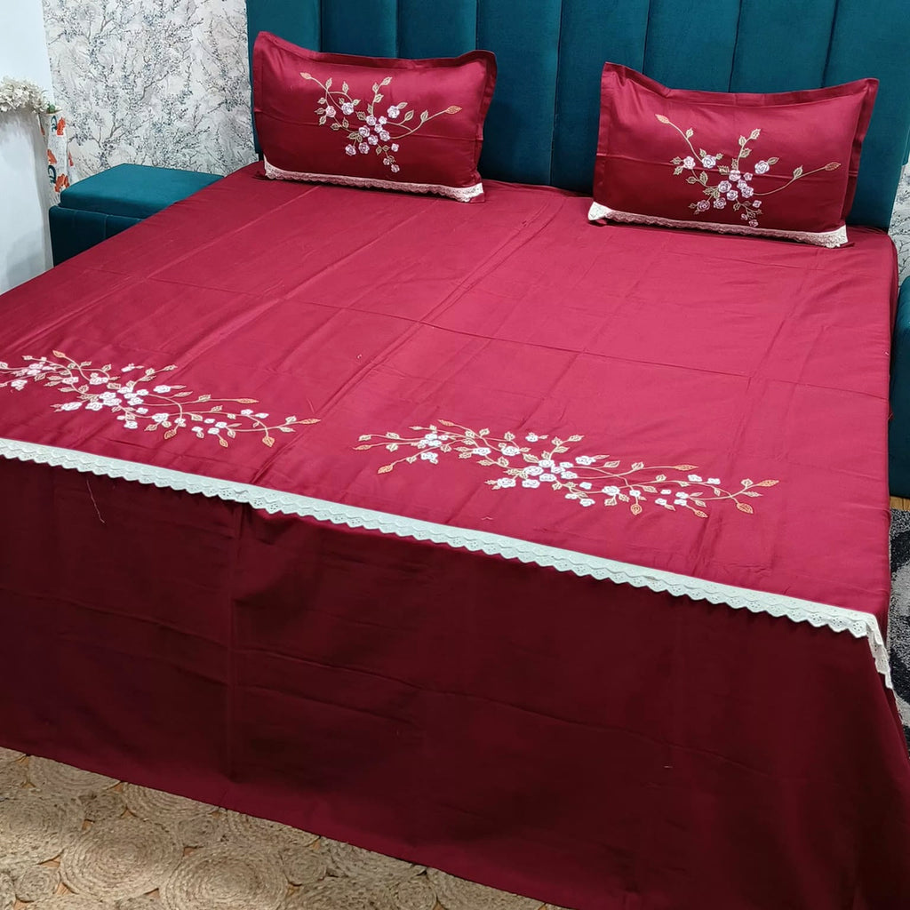 Shahi Karigari Pure Cotton King-Size Maroon Floral Embroidered Bedsheet