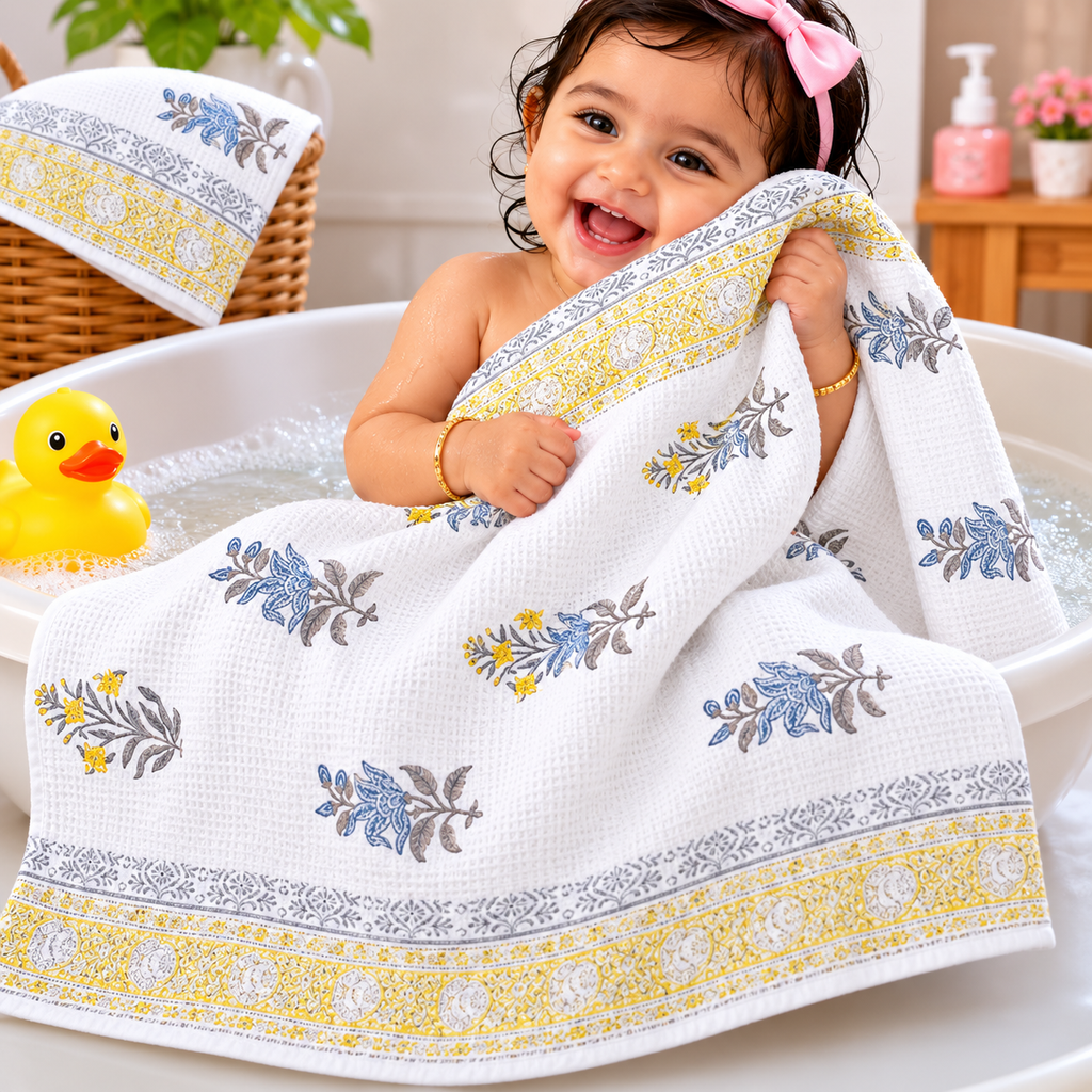 Kids Zone Waffle Printed Pure Cotton Bath & Hand Towels