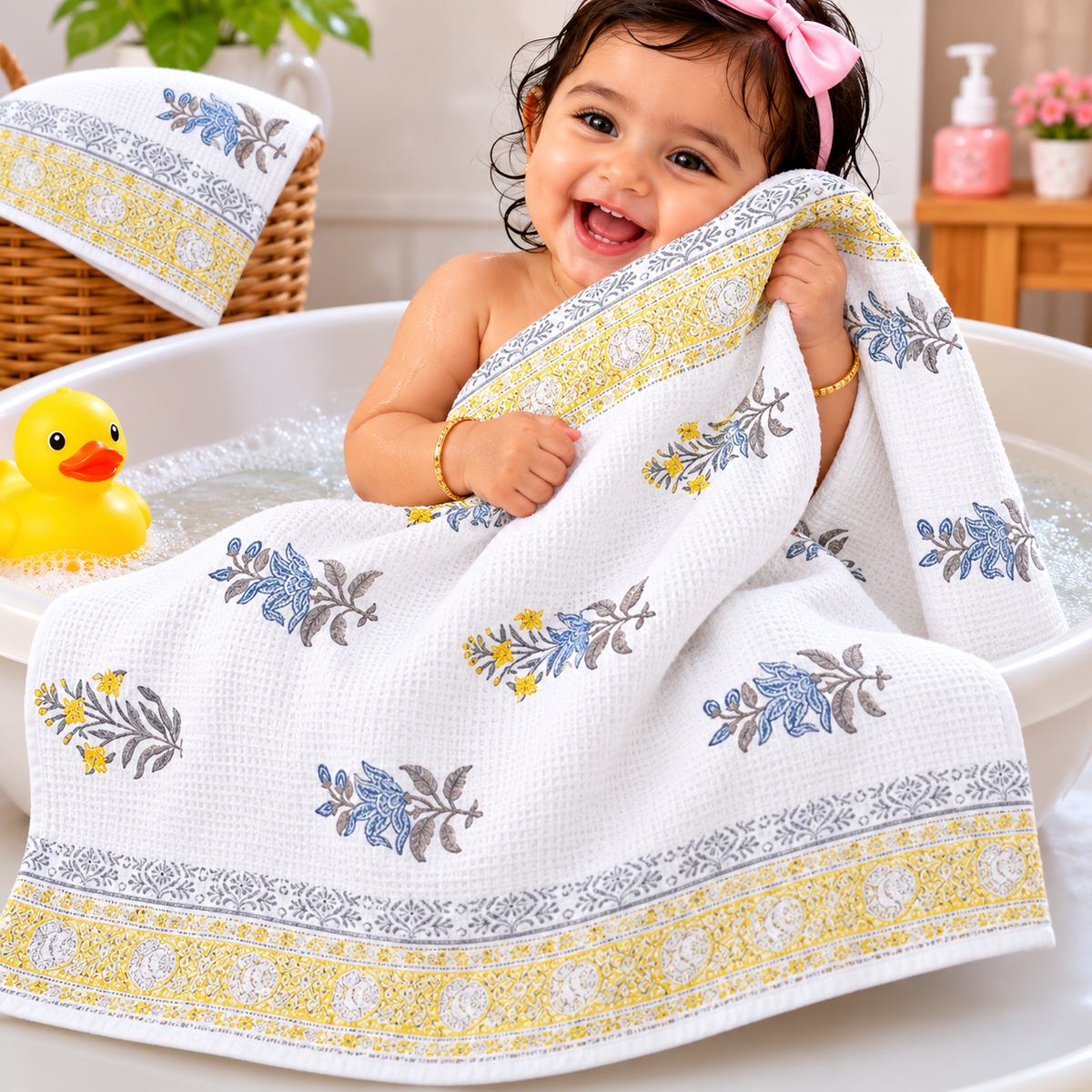 Kids Zone Waffle Printed Pure Cotton Bath & Hand Towels