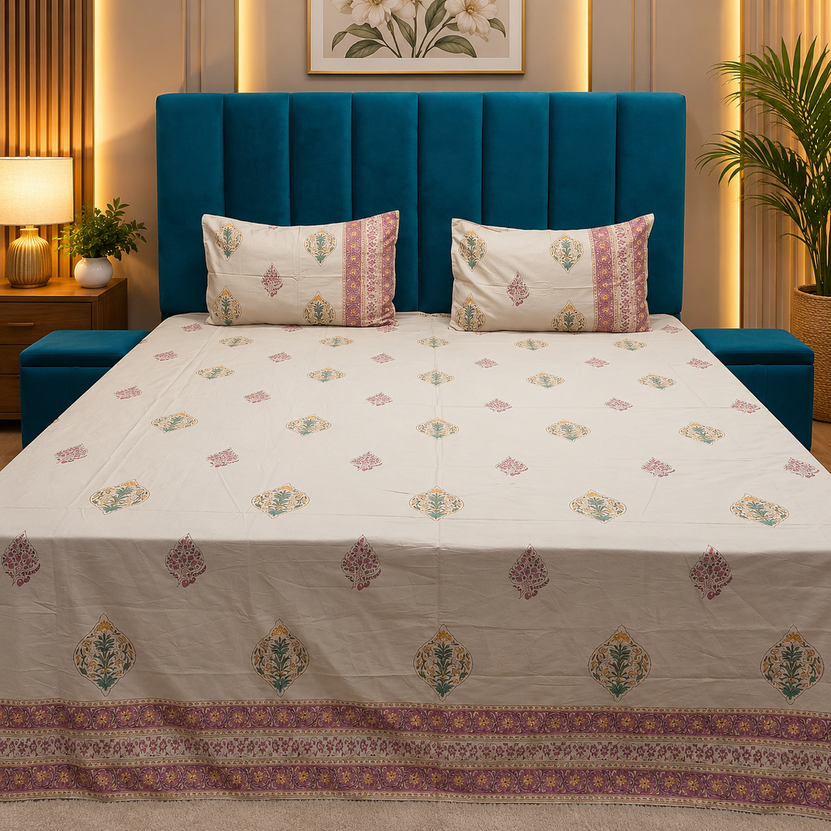 Percale Premium Ivory & Multicolor Floral Hand Block Printed Super King-Size Cotton Bedsheet (300TC)