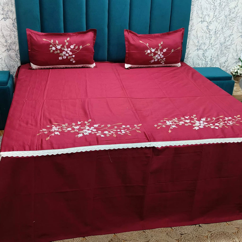 Shahi Karigari Pure Cotton King-Size Maroon Floral Embroidered Bedsheet
