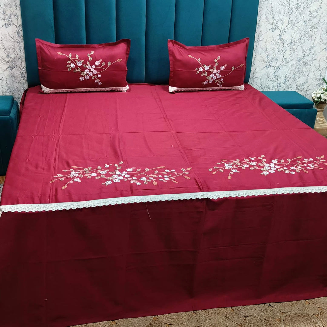 Shahi Karigari Pure Cotton King-Size Maroon Floral Embroidered Bedsheet