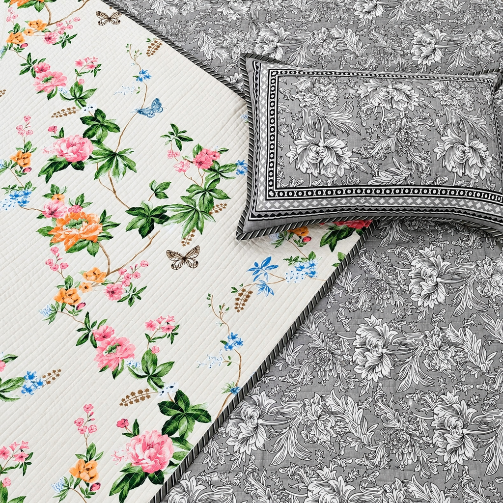 Nilaya Floral Premium Pure Cotton Grey & White Printed Bedcover