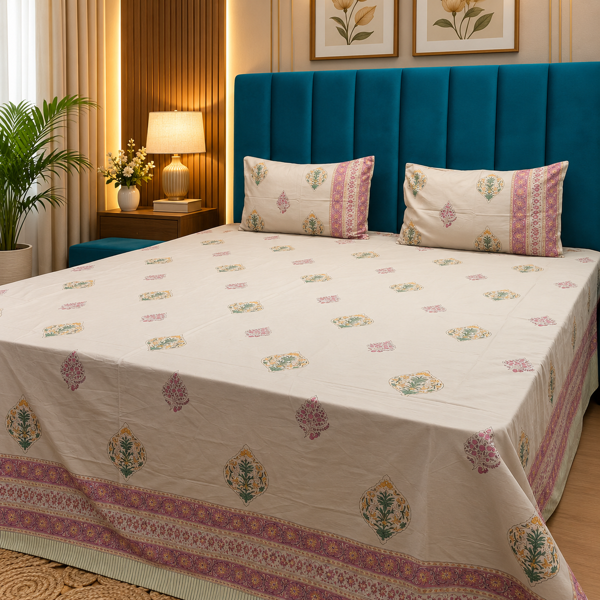 Percale Premium Ivory & Multicolor Floral Hand Block Printed Super King-Size Cotton Bedsheet (300TC)