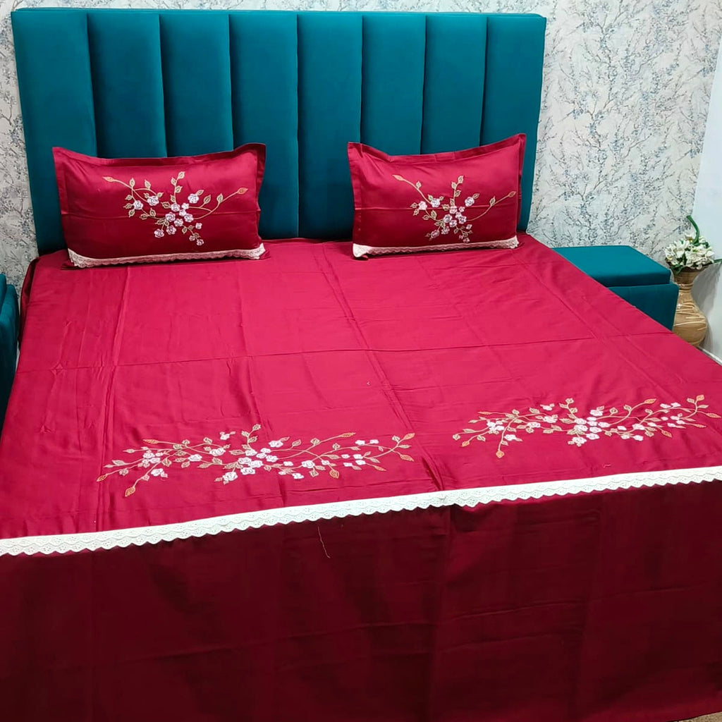 Shahi Karigari Pure Cotton King-Size Maroon Floral Embroidered Bedsheet