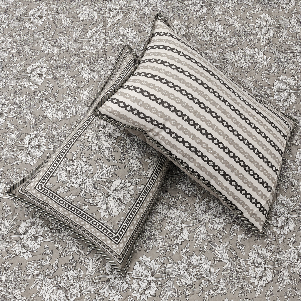 Nilaya Floral Premium Pure Cotton Grey & White Printed Bedcover
