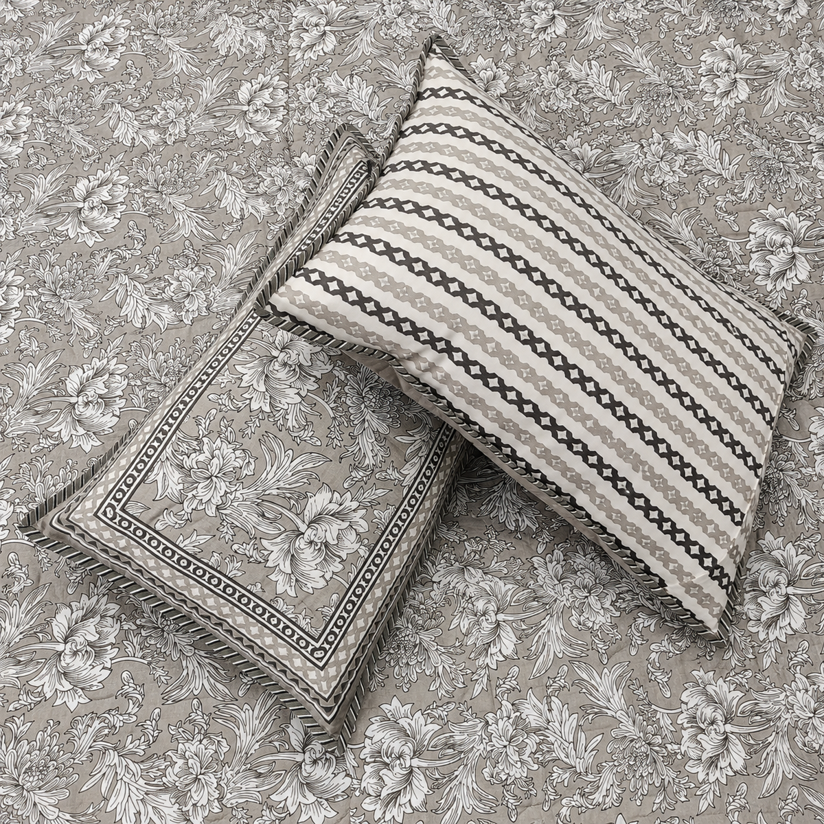 Nilaya Floral Premium Pure Cotton Grey & White Printed Bedcover