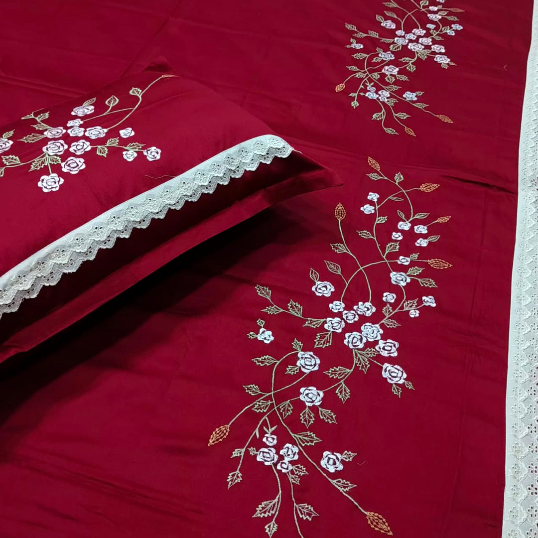 Shahi Karigari Pure Cotton King-Size Maroon Floral Embroidered Bedsheet