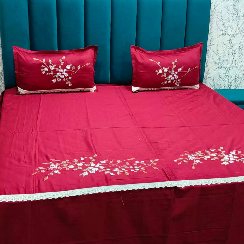 Shahi Karigari Pure Cotton King-Size Maroon Floral Embroidered Bedsheet