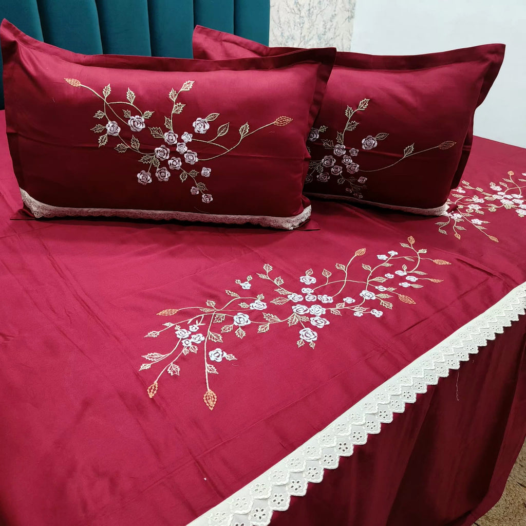 Shahi Karigari Pure Cotton King-Size Maroon Floral Embroidered Bedsheet