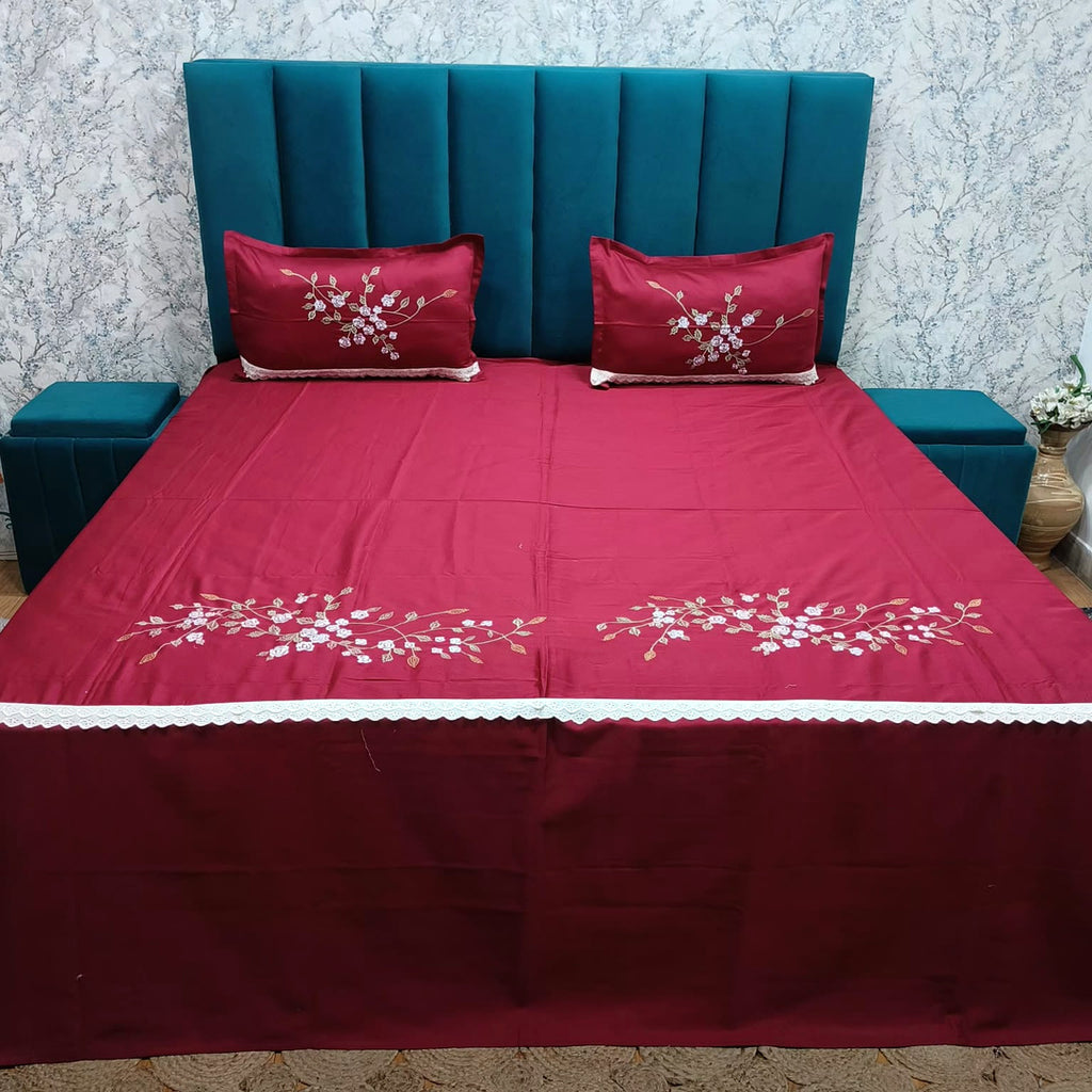 Shahi Karigari Pure Cotton King-Size Maroon Floral Embroidered Bedsheet