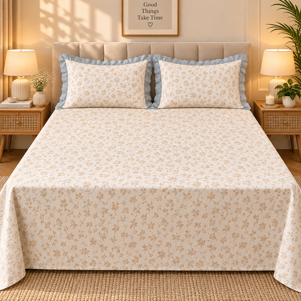 Secret Garden Ivory & Beige Floral Printed King Size Imported Fabric Bedsheet Set