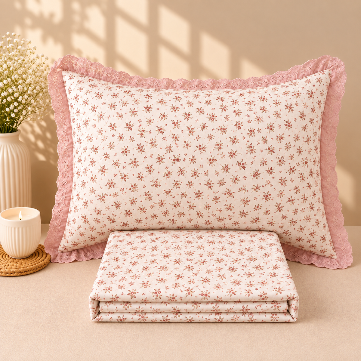 Secret Garden Ivory & Rust Floral Printed King Size Imported Fabric Bedsheet Set