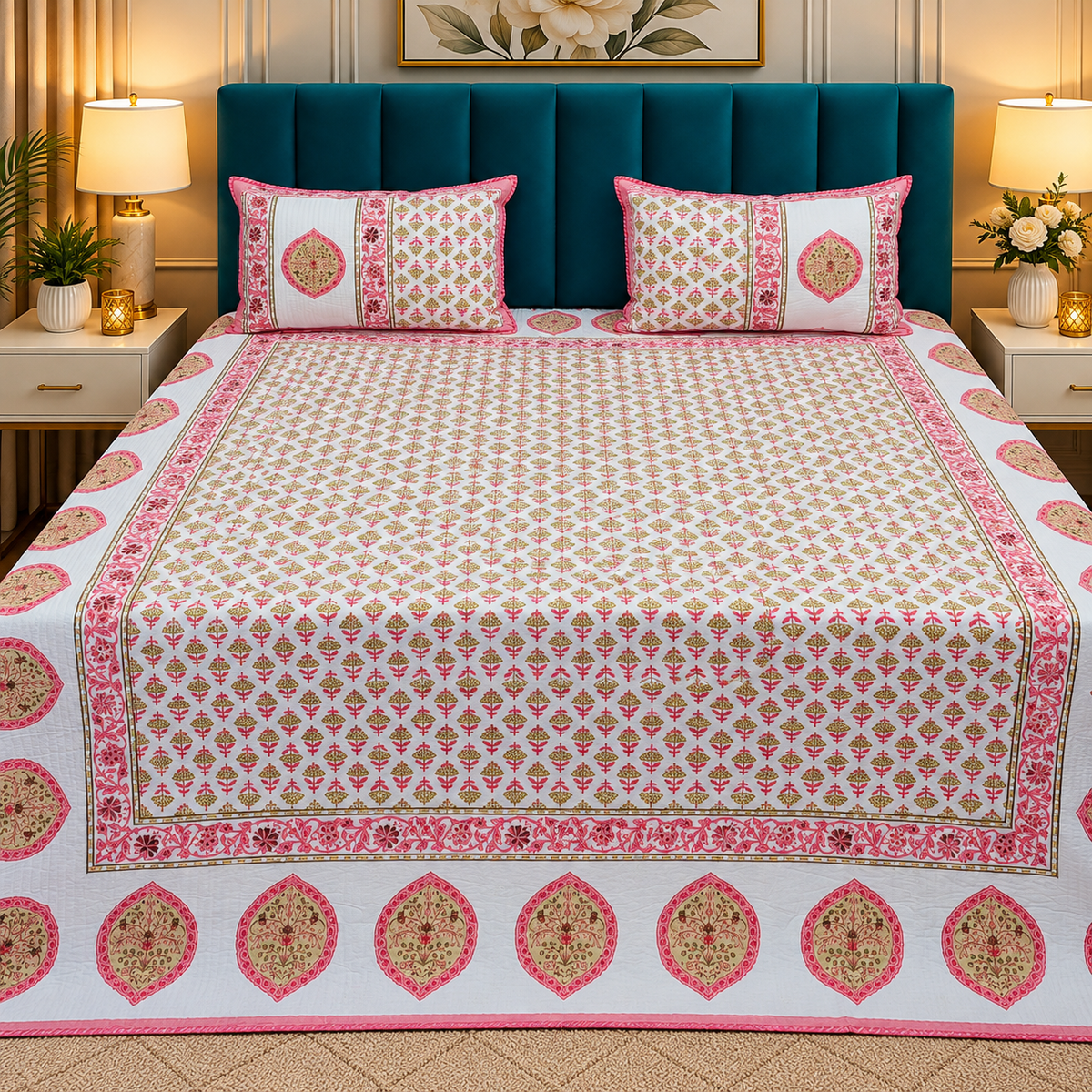 Nilaya Floral Premium Pure Cotton White & Pink Printed Bedcover