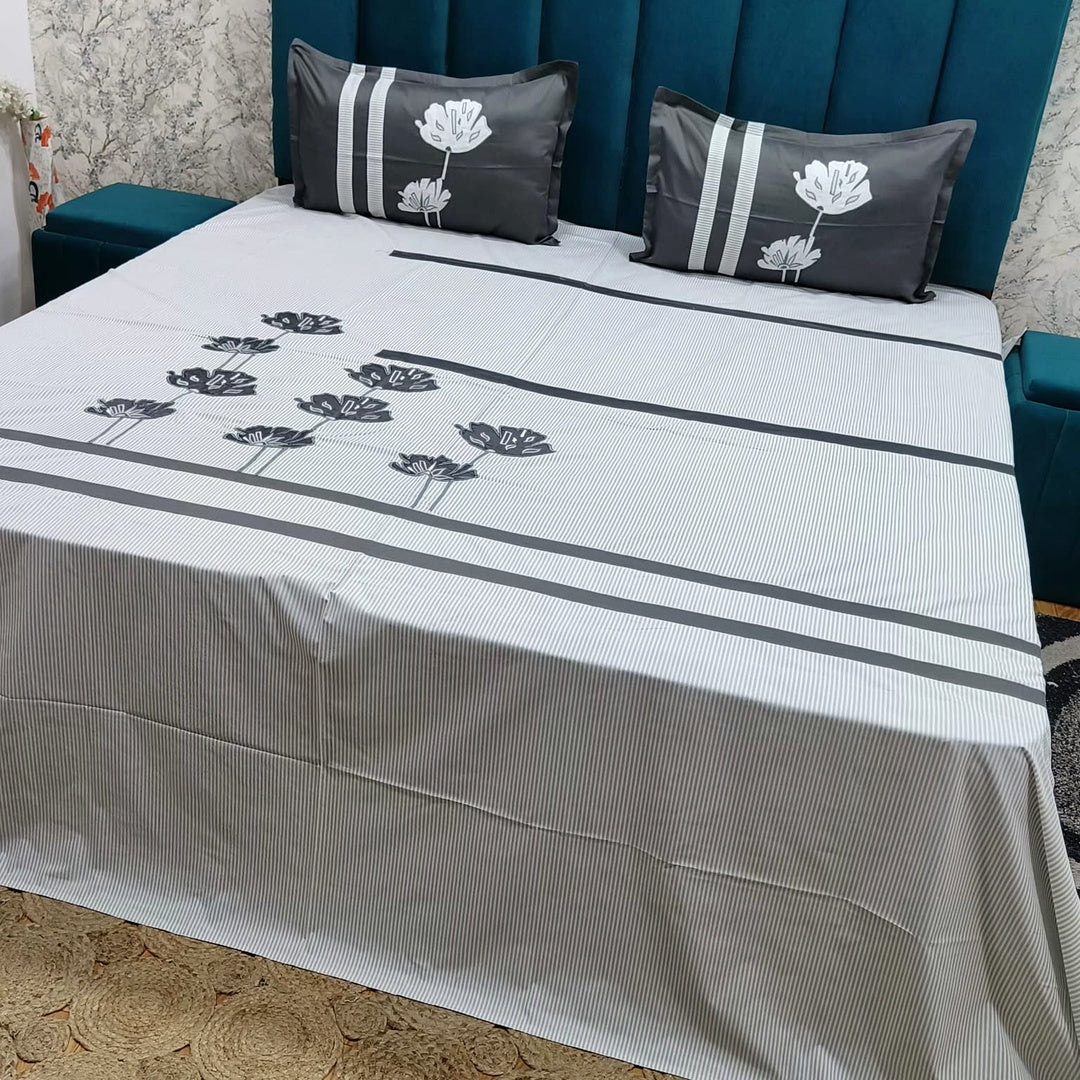 Shahi Karigari Pure Cotton King-Size Grey Floral Embroidered Bedsheet